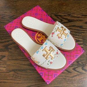 TORY BURCH Floral Print Everly Flat Slides WHITE 5